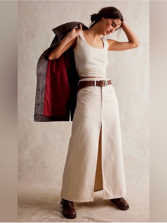 Free People Dresses & Skirts - FREE PEOPLE WE THE FREE Come As You Are Denim Maxi Skirt Ivory Cream